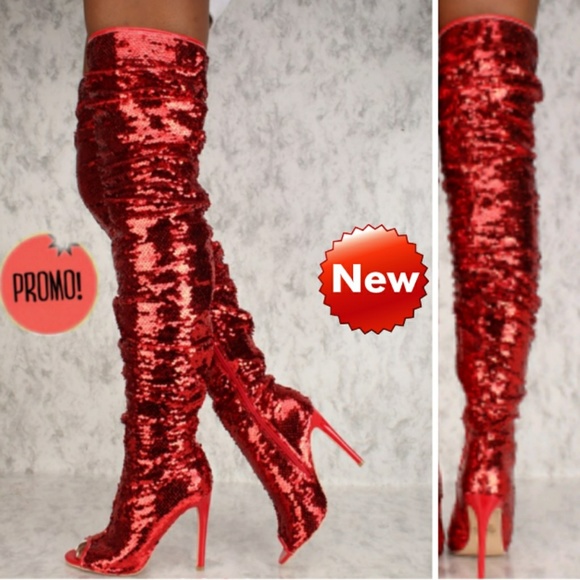 red sparkly thigh high boots